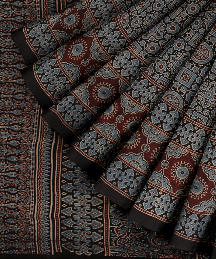 Black indigo cotton printed ajrakh saree