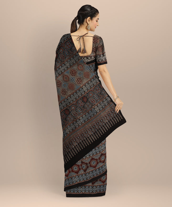 Black indigo cotton printed ajrakh saree