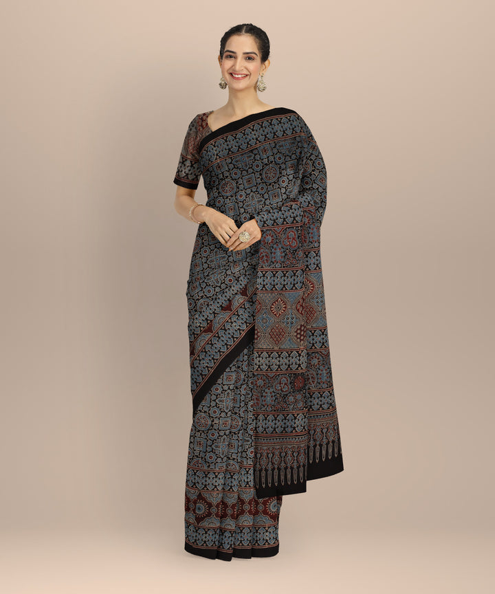 Black indigo cotton printed ajrakh saree