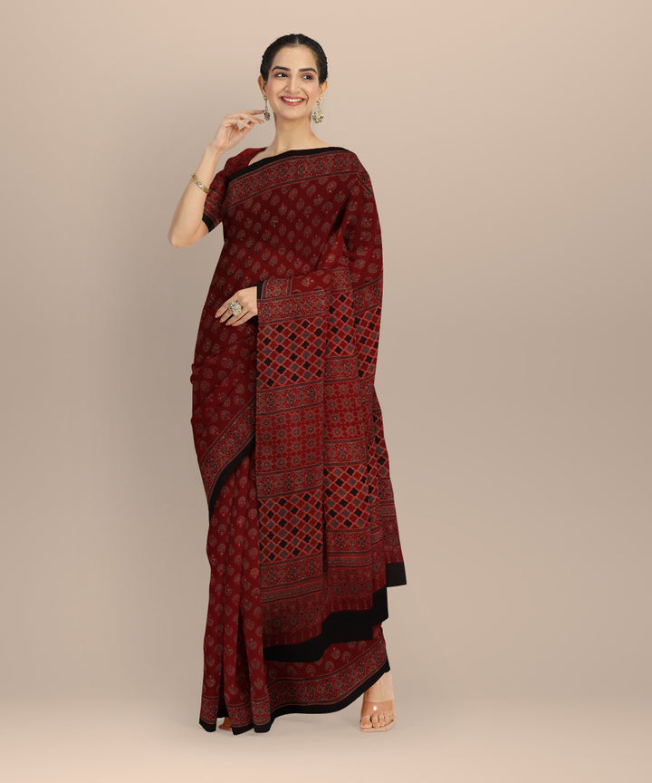 Black red cotton ajrakh hand printed saree