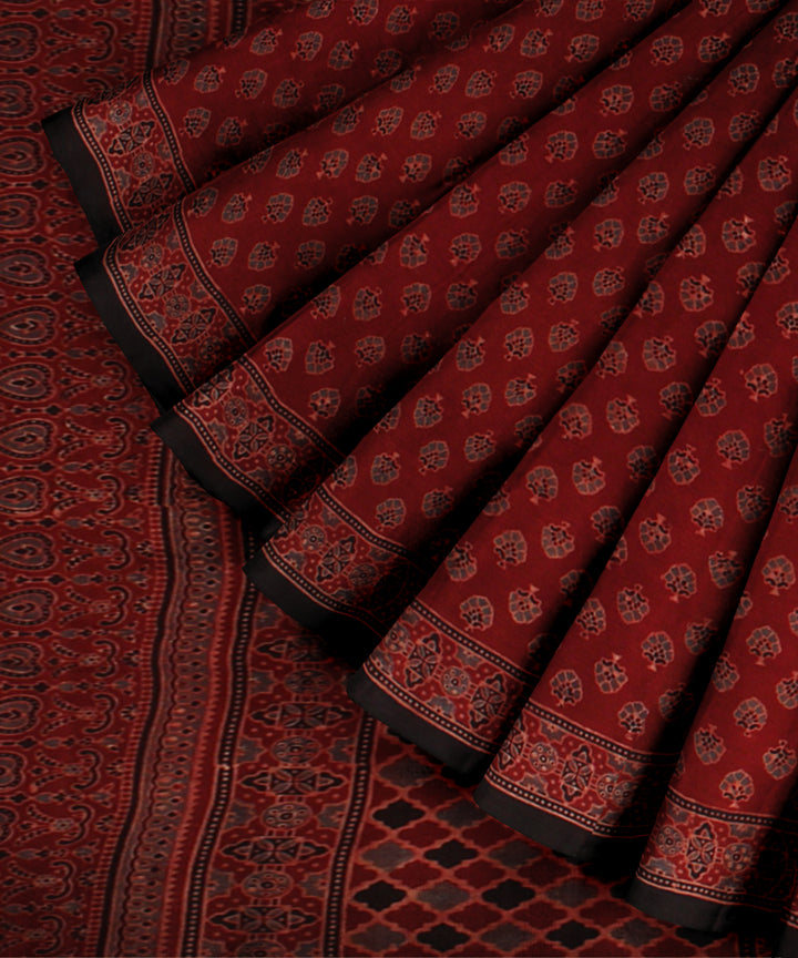Black red cotton ajrakh hand printed saree