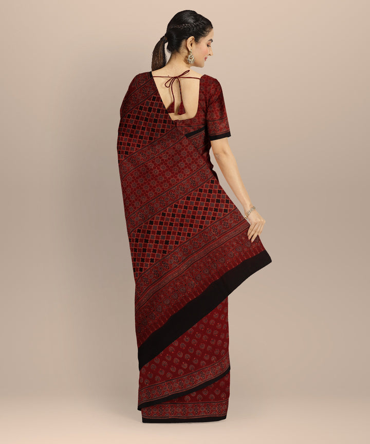Black red cotton ajrakh hand printed saree