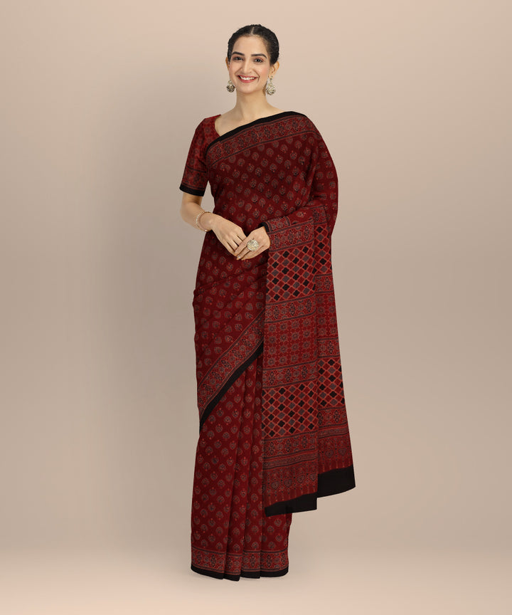 Black red cotton ajrakh hand printed saree