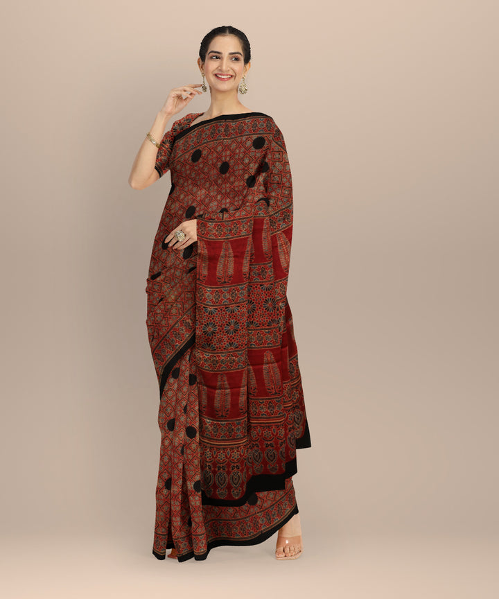 Black red hand print ajrakh modal silk saree