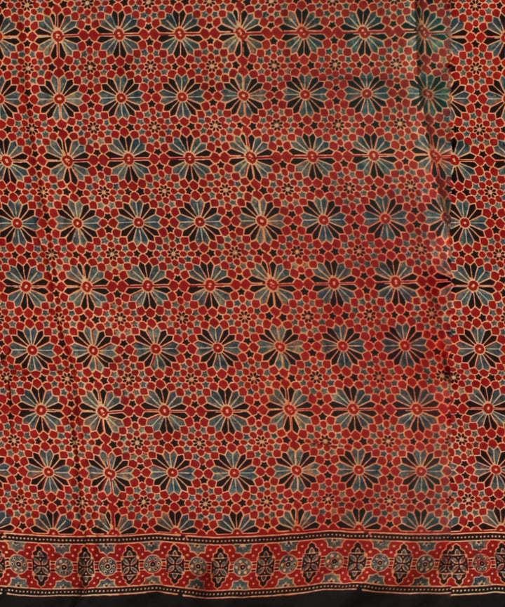 Black red hand print ajrakh modal silk saree