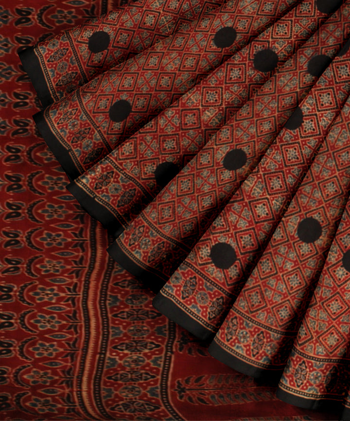 Black red hand print ajrakh modal silk saree