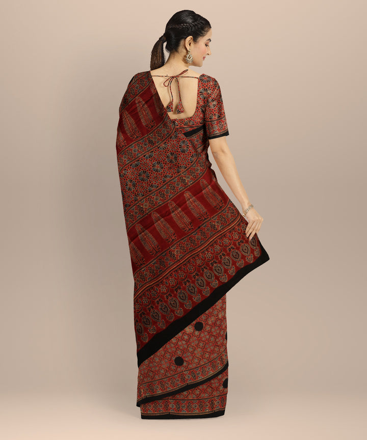Black red hand print ajrakh modal silk saree