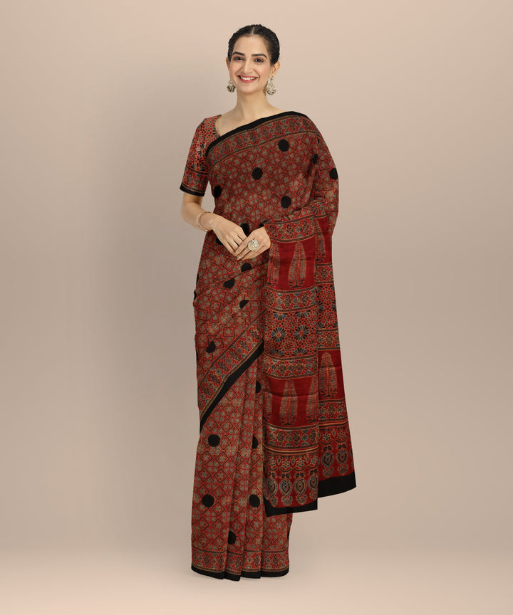 Black red hand print ajrakh modal silk saree