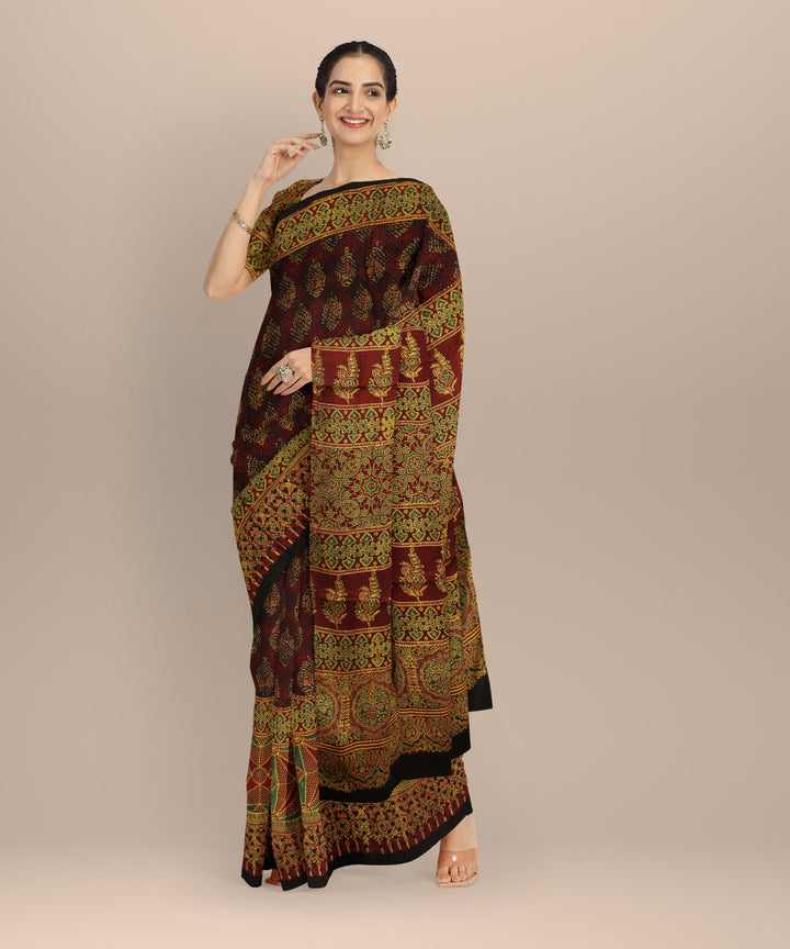 Brown modal silk hand printed ajrakh saree