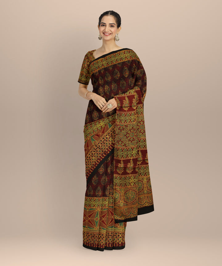 Brown modal silk hand printed ajrakh saree