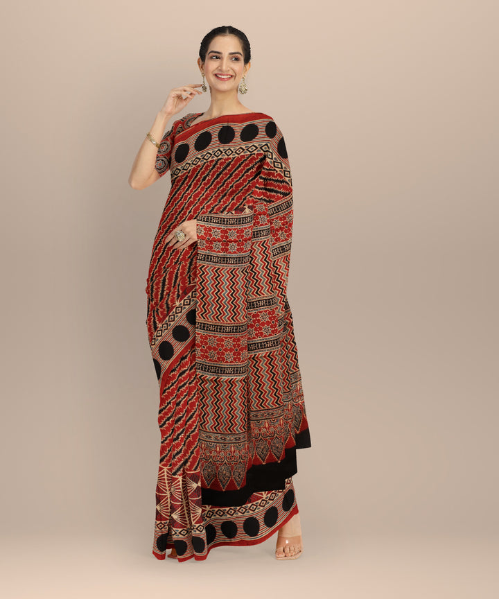 Red black modal silk hand printed ajrakh saree