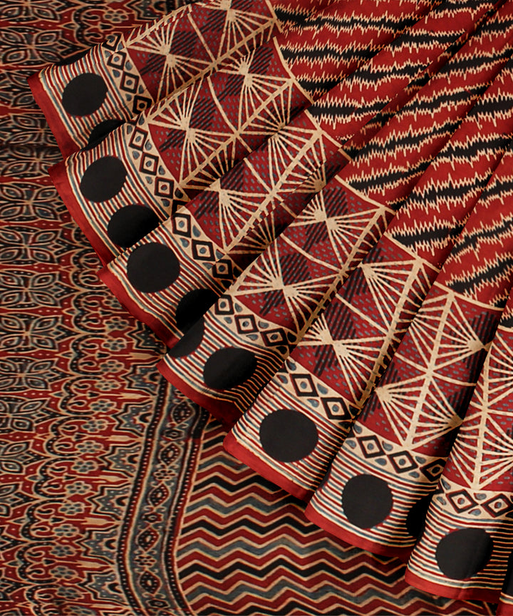 Red black modal silk hand printed ajrakh saree
