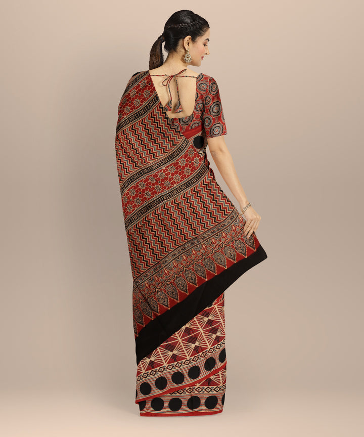 Red black modal silk hand printed ajrakh saree