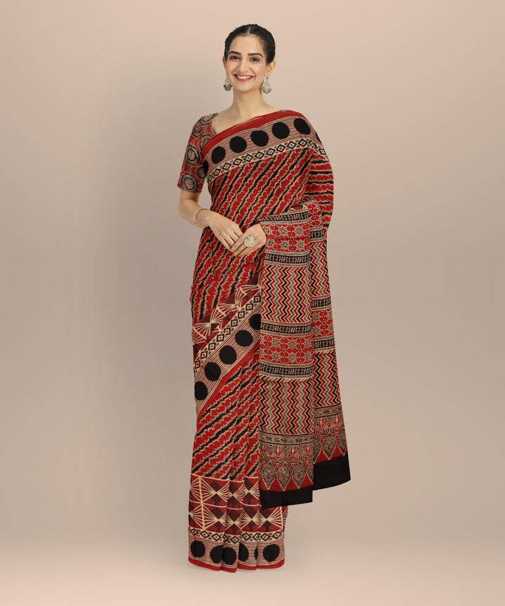 Red black modal silk hand printed ajrakh saree