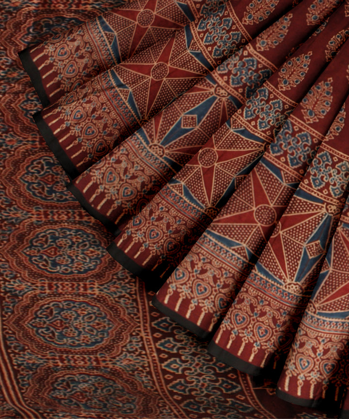 Red black modal silk hand print ajrakh saree