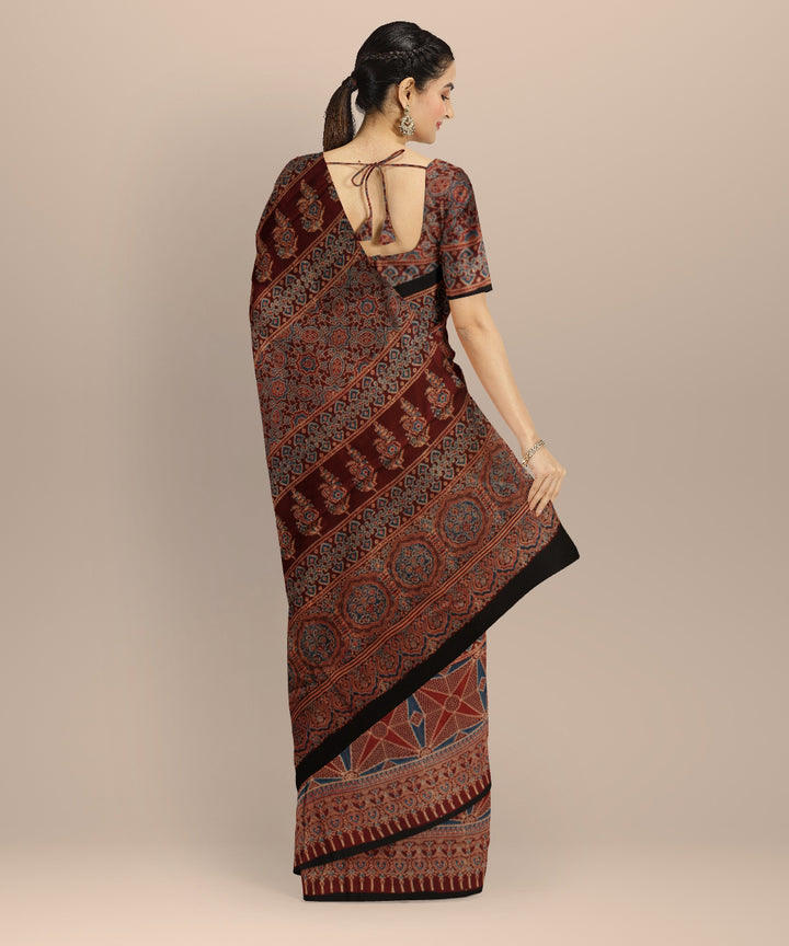 Red black modal silk hand print ajrakh saree