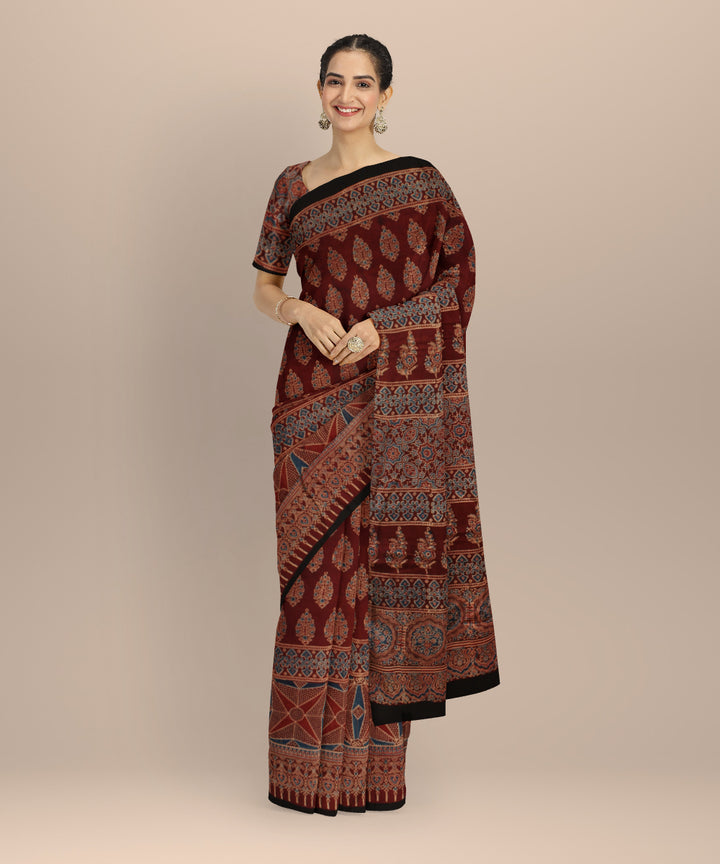 Red black modal silk hand print ajrakh saree