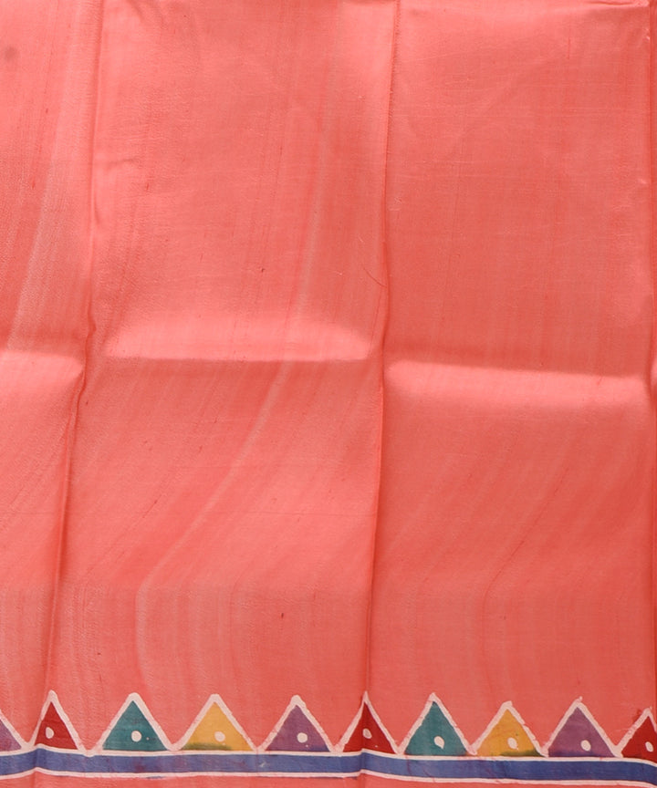 Peach blue border silk hand printed batik print saree