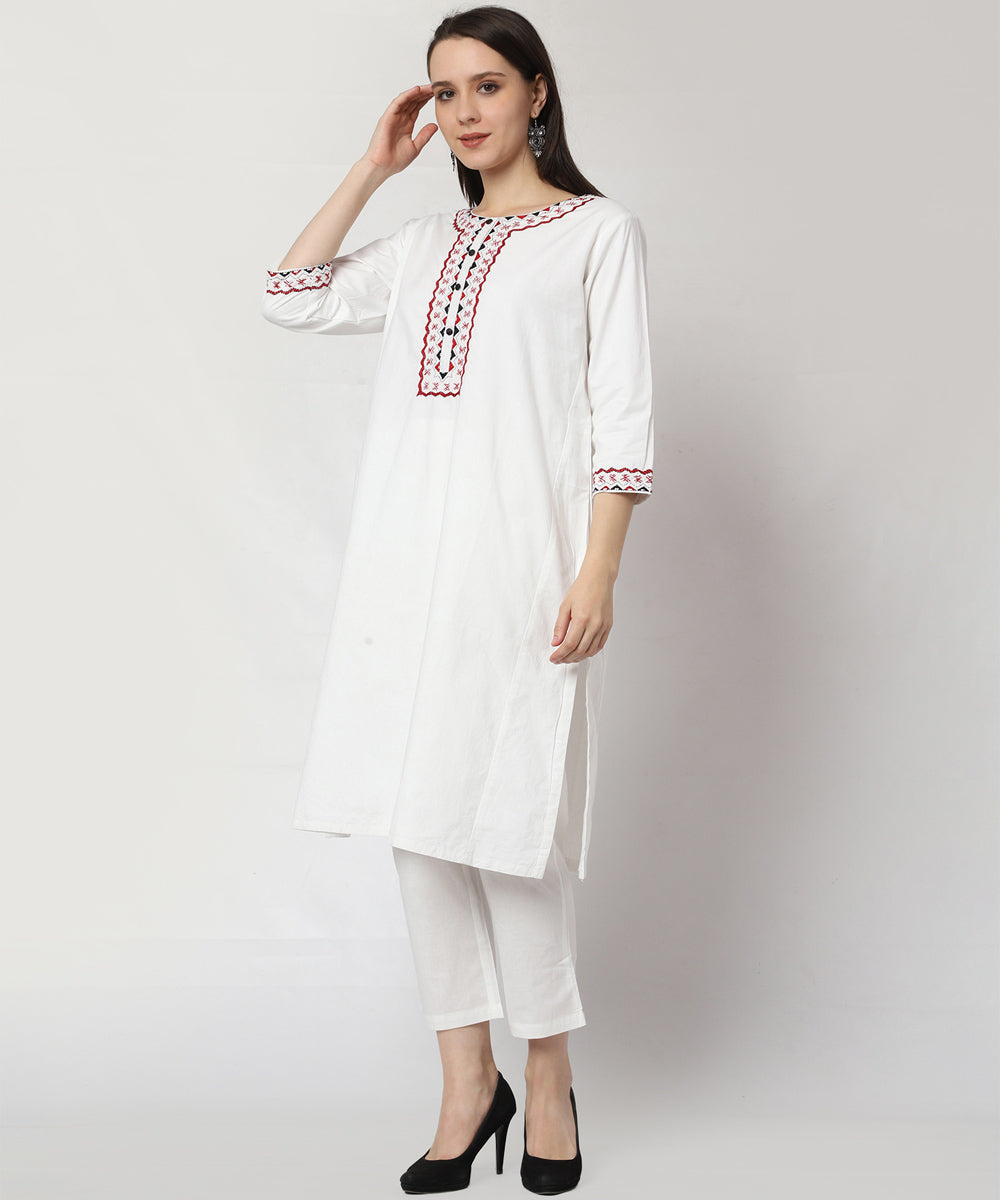 White cotton hand embroidered 3/4 sleeve kurta set