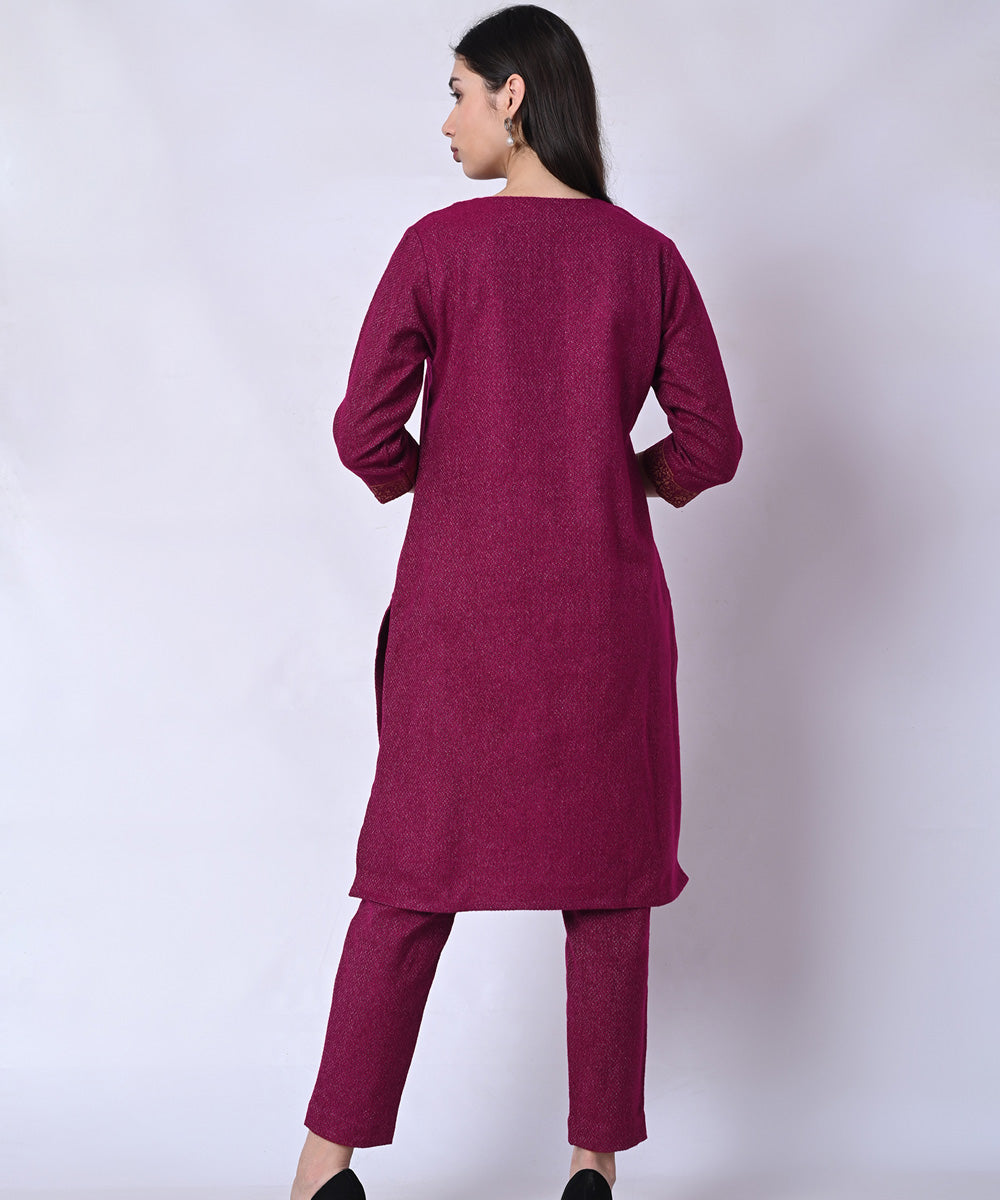 Purple hand block printed woolen kurta set