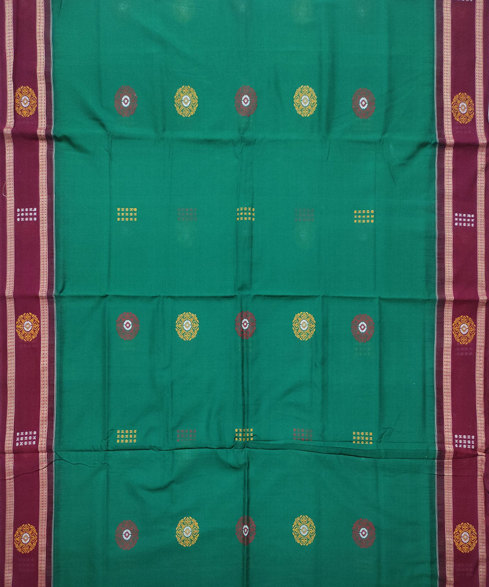 Deep green maroon cotton handloom bomkai saree