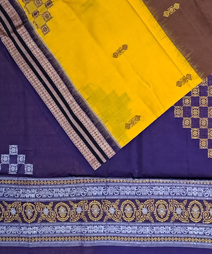 Brown yellow blue cotton handloom bomkai saree