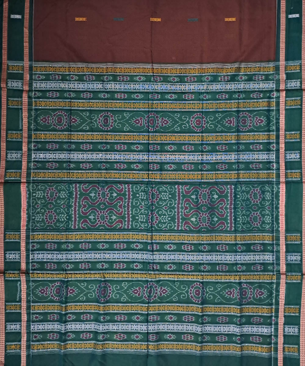 Brown deep green cotton handloom bomkai saree