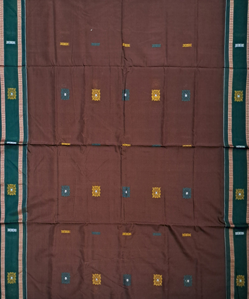 Brown deep green cotton handloom bomkai saree