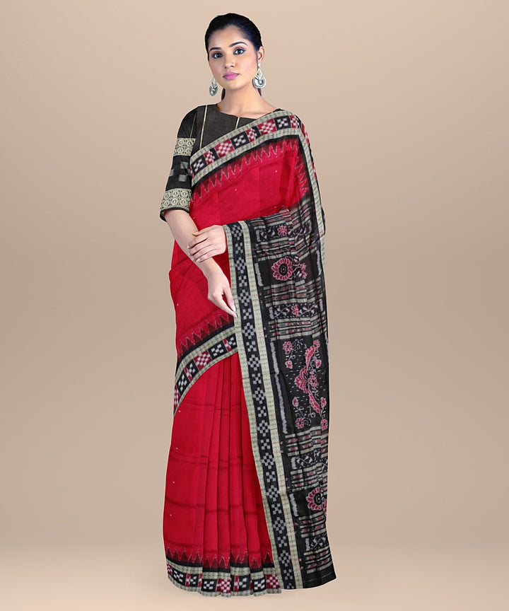 Red black bomkai handwoven silk saree