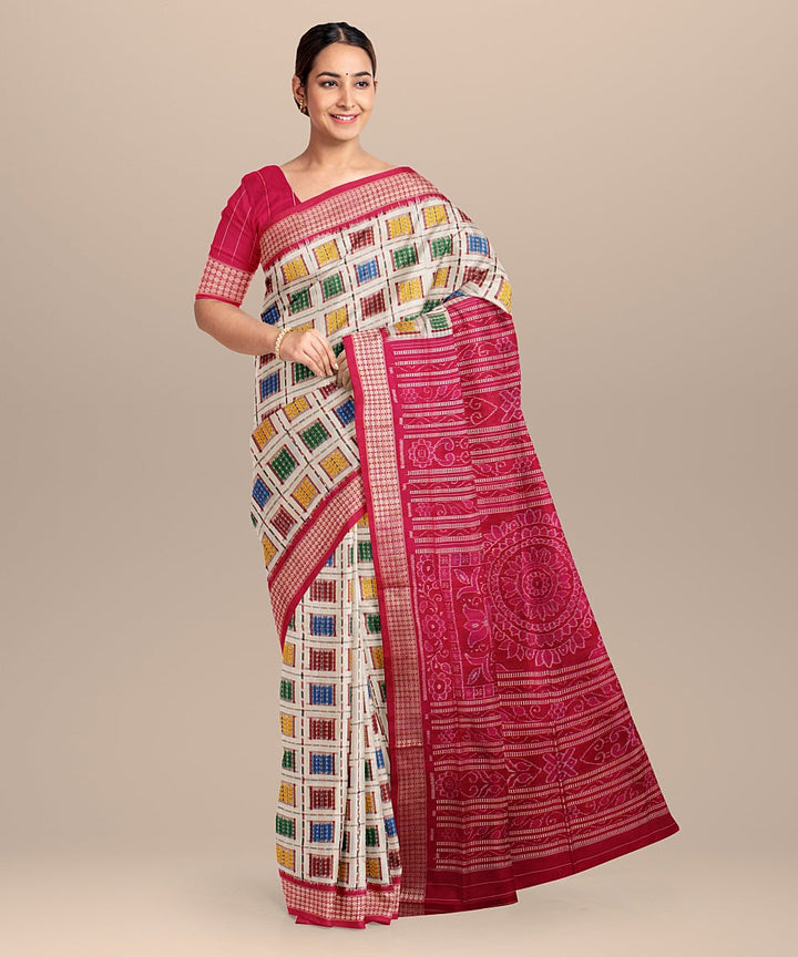White pink silk handloom sambalpuri saree