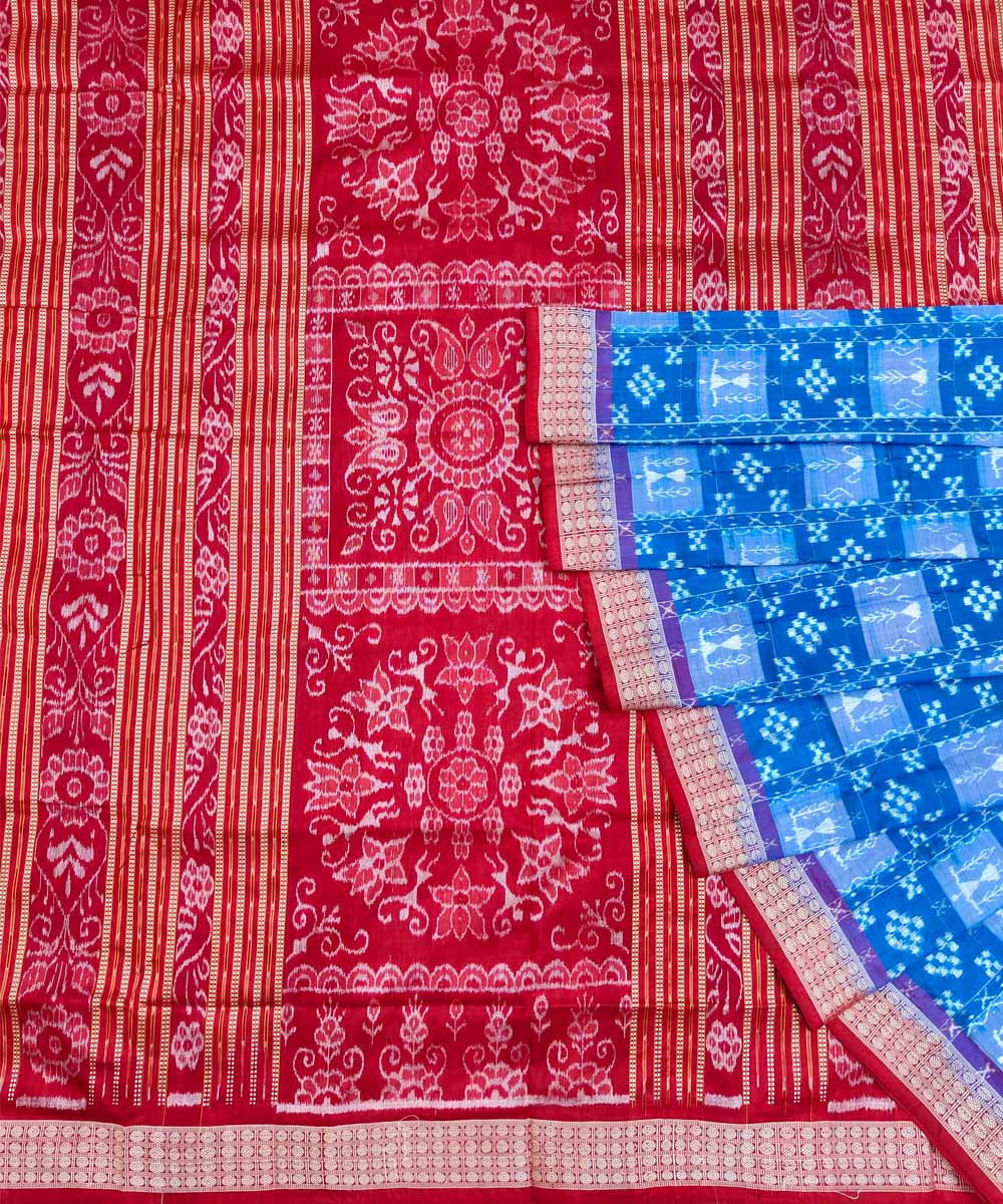 Cyan blue red silk handwoven sambalpuri saree