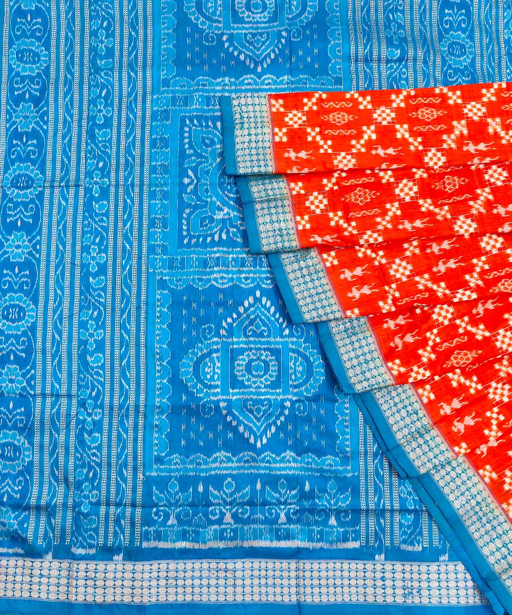 Orange sky blue silk handwoven sambalpuri saree