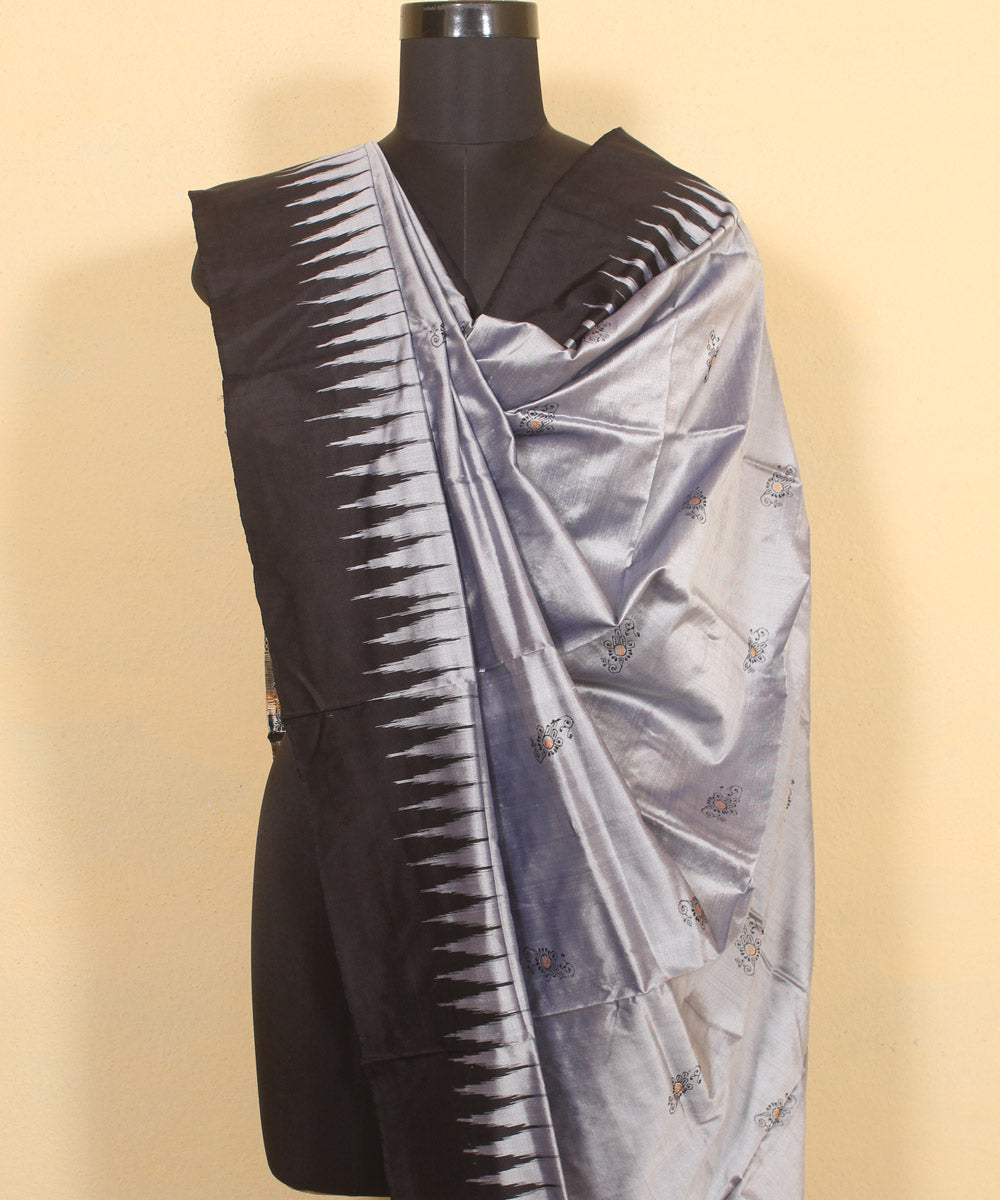 Grey black handloom silk bomkai dupatta