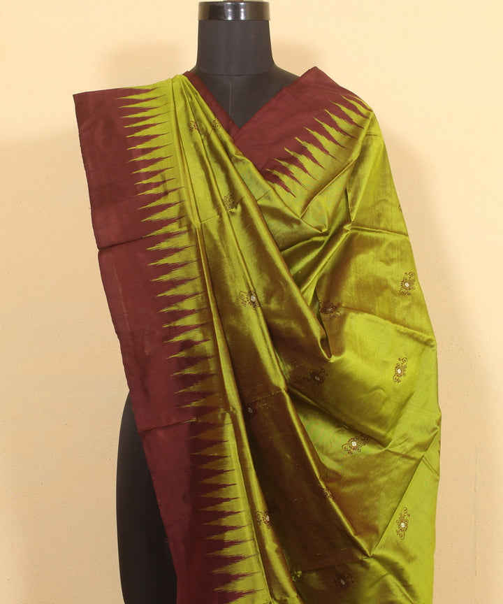 Olive green maroon handloom silk bomkai dupatta