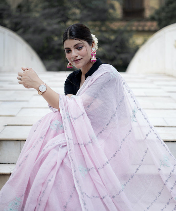 Light pink blue Kota cotton hand embroidered chikankari saree