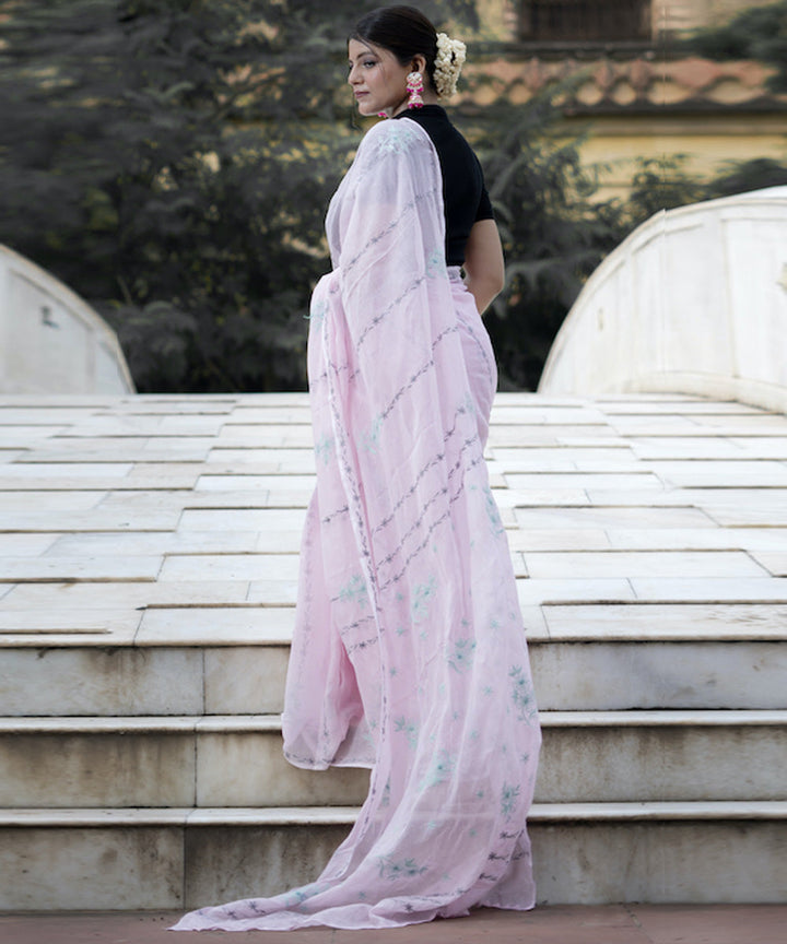 Light pink blue Kota cotton hand embroidered chikankari saree