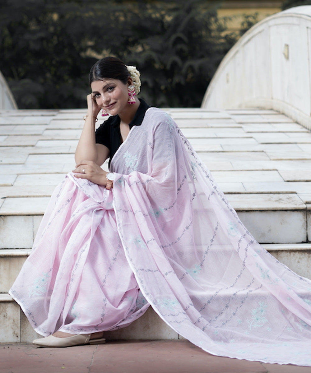 Light pink blue Kota cotton hand embroidered chikankari saree