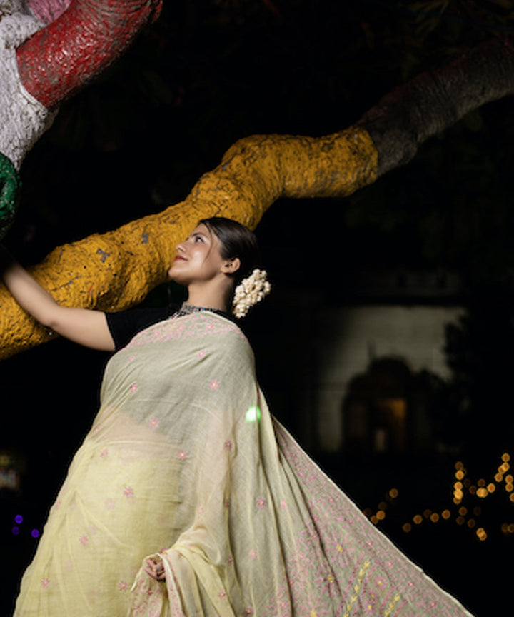 Yellow and  pink Kota cotton hand embroidered chikankari saree