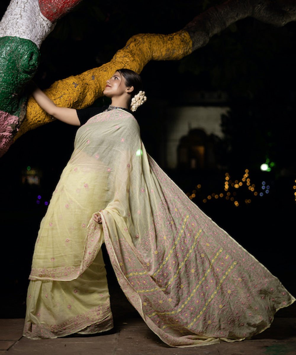 Yellow and  pink Kota cotton hand embroidered chikankari saree