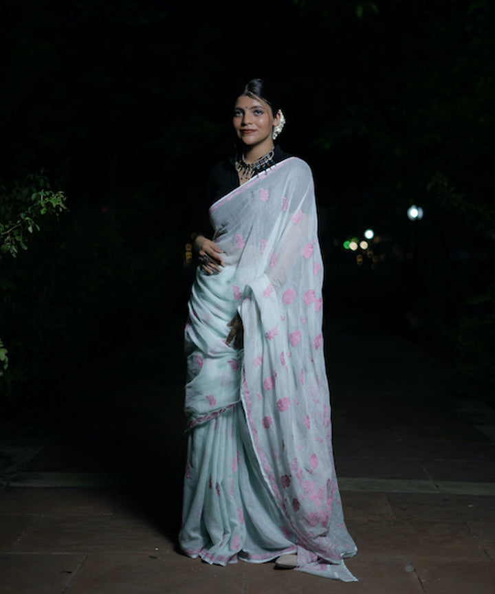 Blue and pink cotton hand embroidered chikankari saree