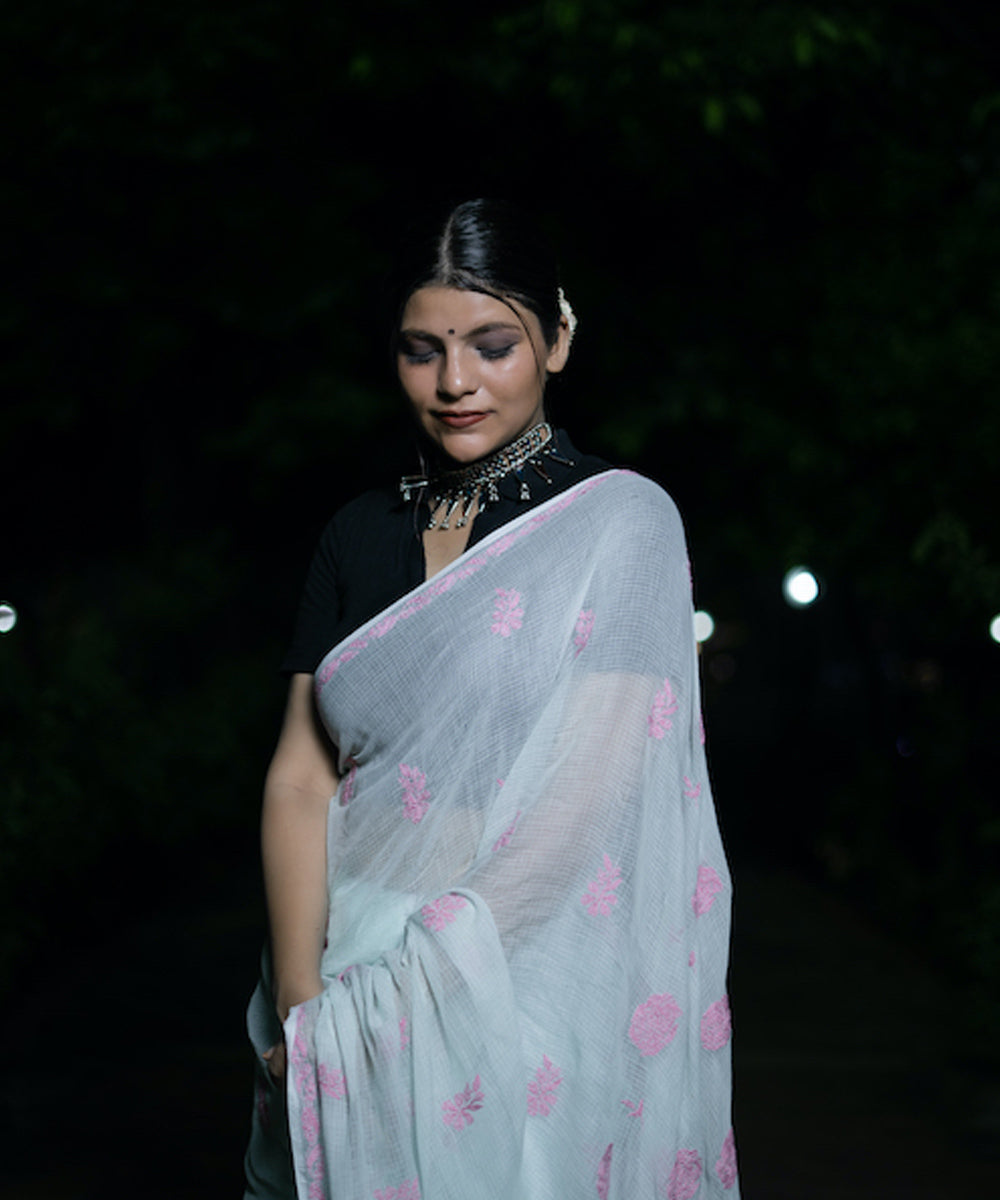 Blue and pink cotton hand embroidered chikankari saree