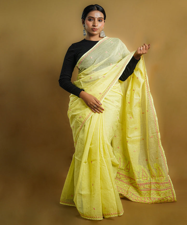 Yellow cotton hand embroidered chikankari saree