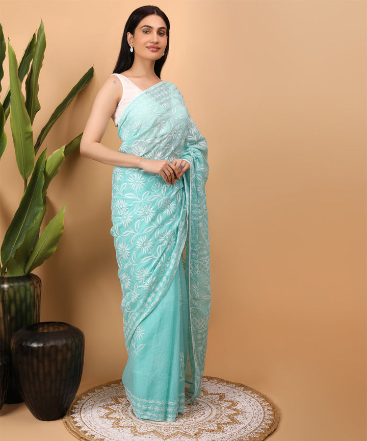 Cyan blue white cotton handloom chikankari saree