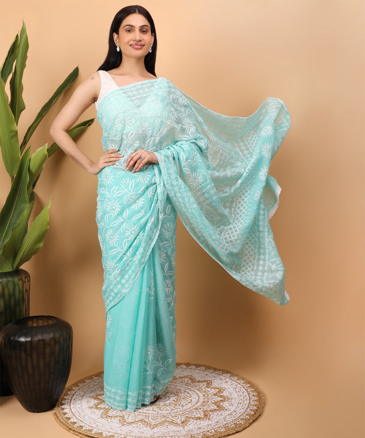 Cyan blue white cotton handloom chikankari saree
