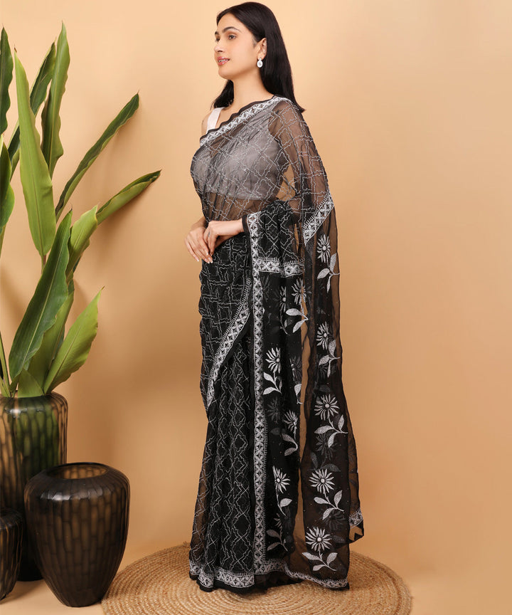 Black white Georgette handloom chikankari saree