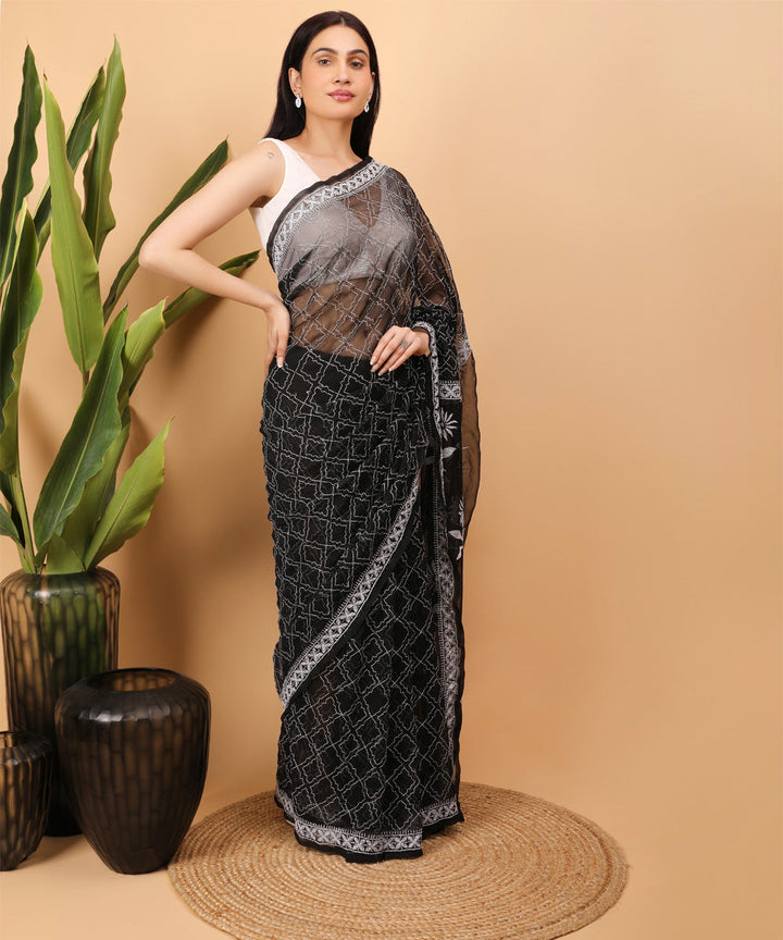 Black white Georgette handloom chikankari saree