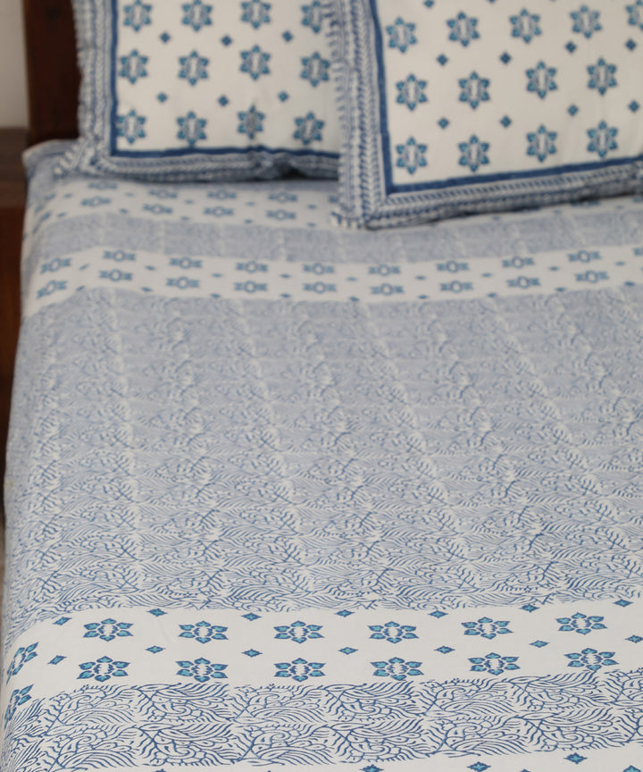 White blue block print sanganeri cotton double bed bedsheet