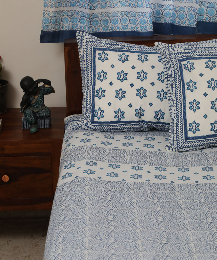 White blue block print sanganeri cotton double bed bedsheet