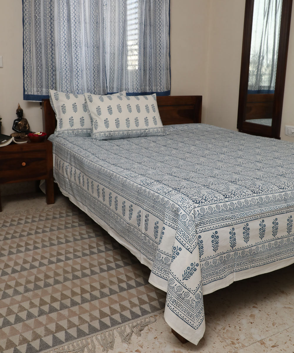 White blue cotton hand block printed sanganeri double bed bedsheet