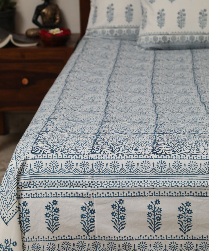 White blue cotton hand block printed sanganeri double bed bedsheet